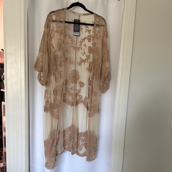 Anna-Kaci Accessories - Sheer Embroidered Kimono Duster - Tan